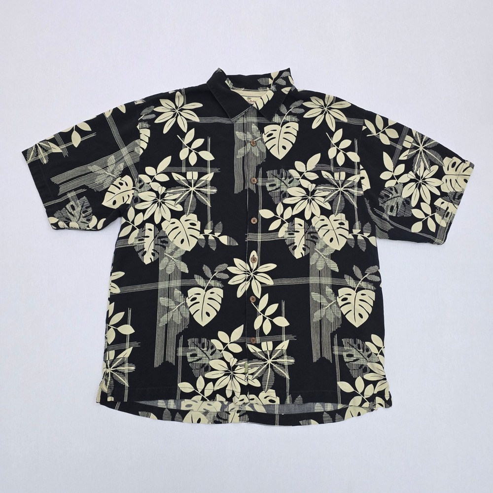 Tommy Bahama Mens Large Silk Tropical Floral Leaf Button Down Shirt Black Cream - Picture 2 of 12